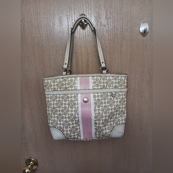 Coach Handbags - Coach Heritage Signature pink stripe leather tote.